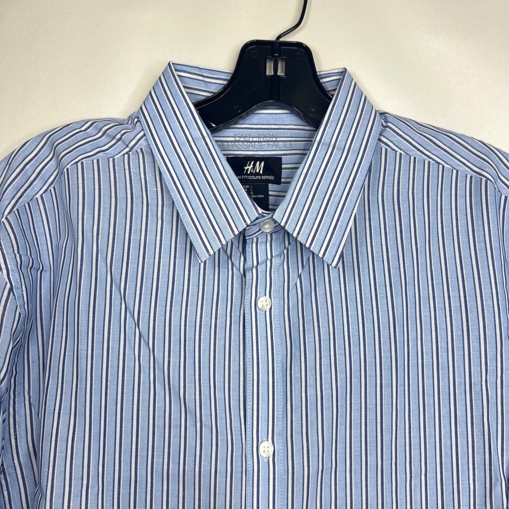 H&M Blue Striped Button‎ Down Mens Large Slim Fit Easy Iron Long Sleeve Workwear